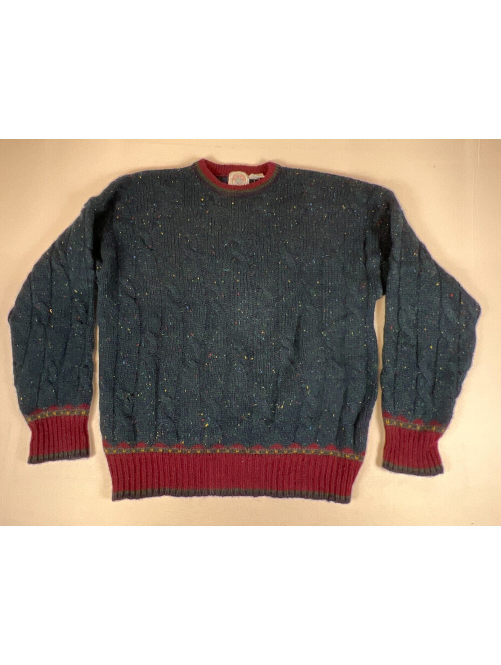 Vintage Cape Isle Knitters Men L Blue Pure Wool Cable Knit Crewneck Sweater